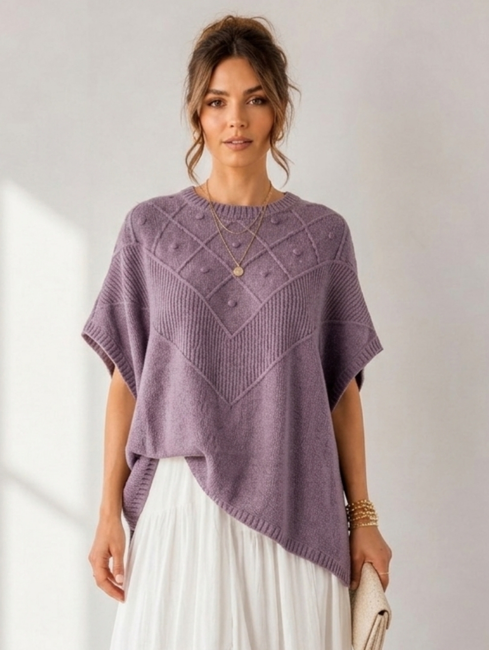 LOFT Lavender Bobble Knit Poncho Sweater Cape Textured Cozy Oversized